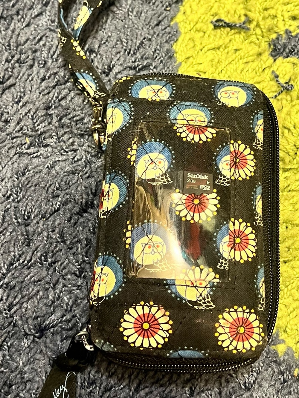 Vera Bradley Retired Night Owl Zip Around ID Wristlet Wallet Black EUC